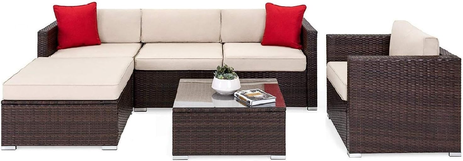 OAKVILLE FURNITURE 61106 6-Piece Outdoor Patio Furniture Rattan Sectional Sofa Conversation Set Brown Wicker, Beige Cushion
