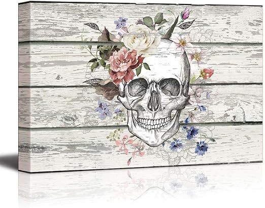 Amazon Com Wall26 Canvas Prints Wall Art Skull Skeleton With Flowers On Vintage Wood Background Rustic Home Decoration 24 X 36 Posters Prints