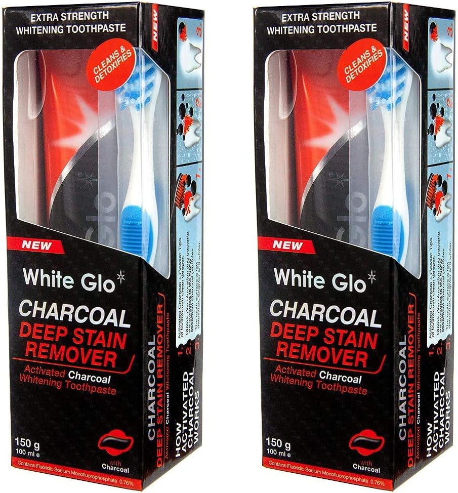White Glo Charcoal Deep Stain Remover Toothpaste, 100ml -Pack of 2 with Sanitral 50 Pcs Dental Floss Stick Included as a Gift