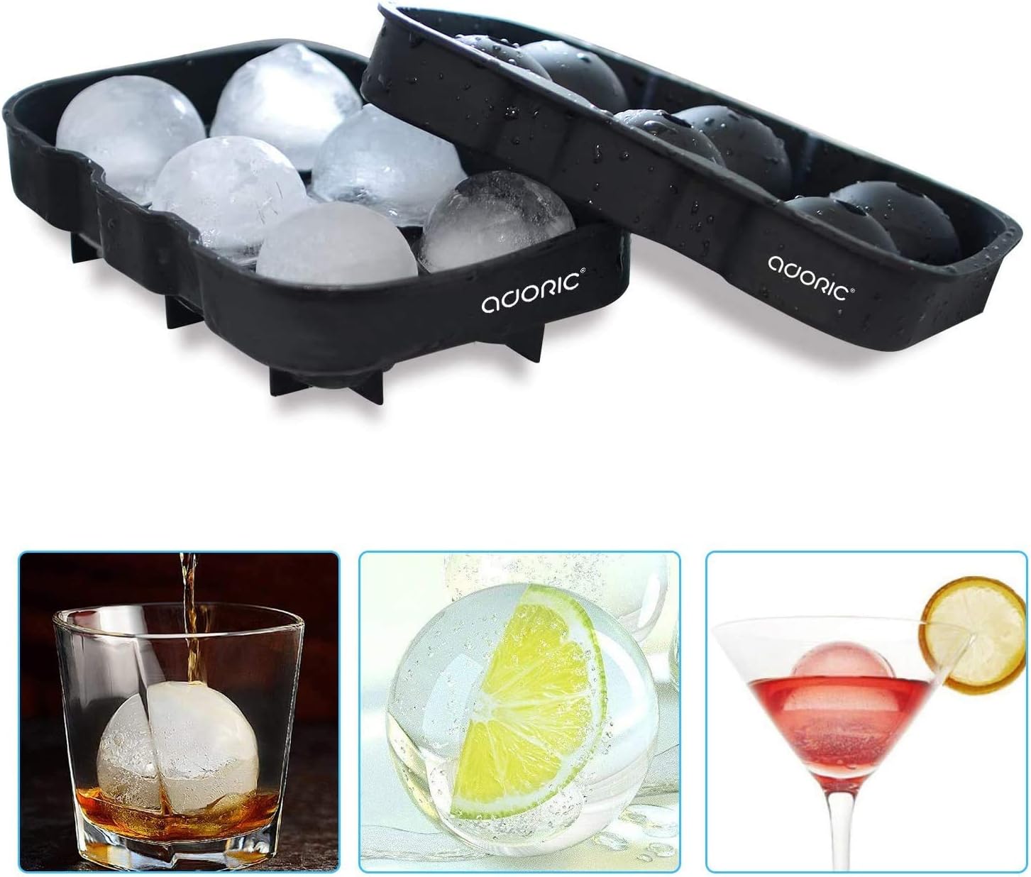 Adoric Ice Cube Trays Silicone Set of 2, Sphere Ice Ball Maker with Lid and Large Square Ice Cube Molds for Whiskey, Reusable and BPA Free (Ice Cube Trays Silicone Set of 2): Kitchen & Dining