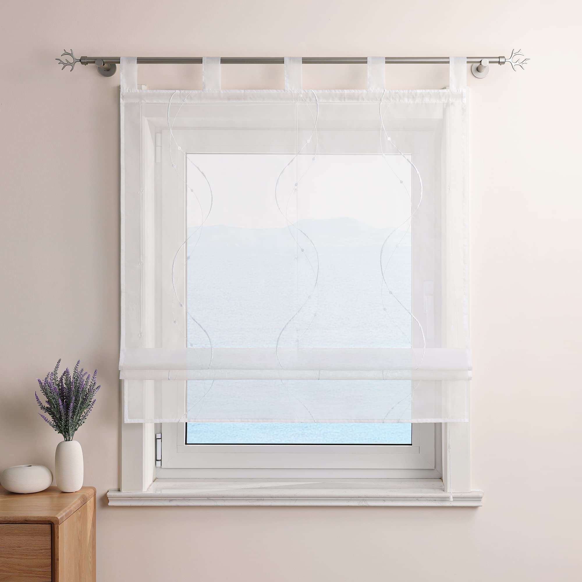 ESLIR Roman Blind with Loops, Kitchen Embroidered Roman Curtains, Voile, Transparent Tab-Top Blind, Modern Curtains with Waves Embroidery, White, W x H, 120 x 140 cm, Pack of 1