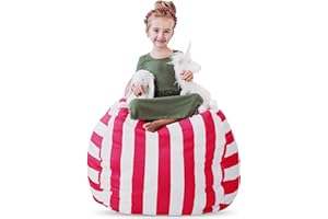 Creative QT Stuff ’n Sit Extra Large 38’’ Stuffed Animal Bean Bag Storage Cover for Toys, Giant Bean Bag Chair for Toddlers - Kids Bedroom Organizer - Pink/White Stripe - Stuffed Animal Storage Cover