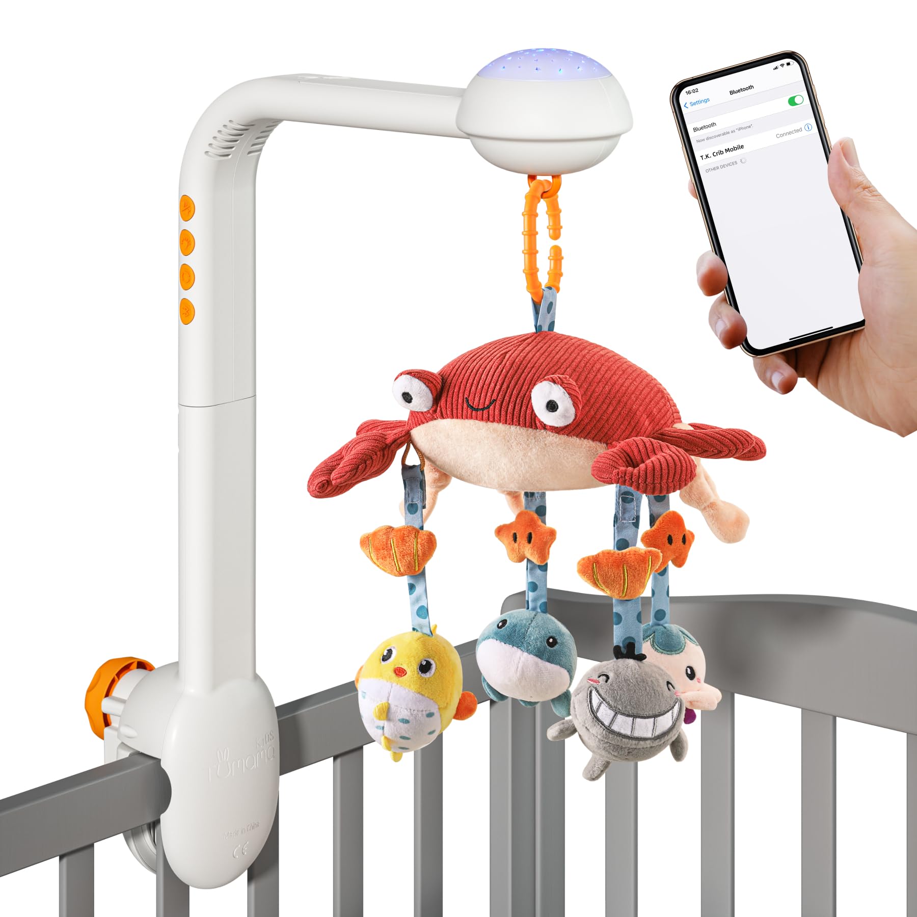 Photo 1 of Tumama Baby Crib Mobile with Projection Night Light, Music and White Noise, Soft Plush Mirror Hanging Toys, Mute Spin Motor Nursery Toys for Infant 0-3, 6-9 Month Newborn Xmas Gift (Crab)