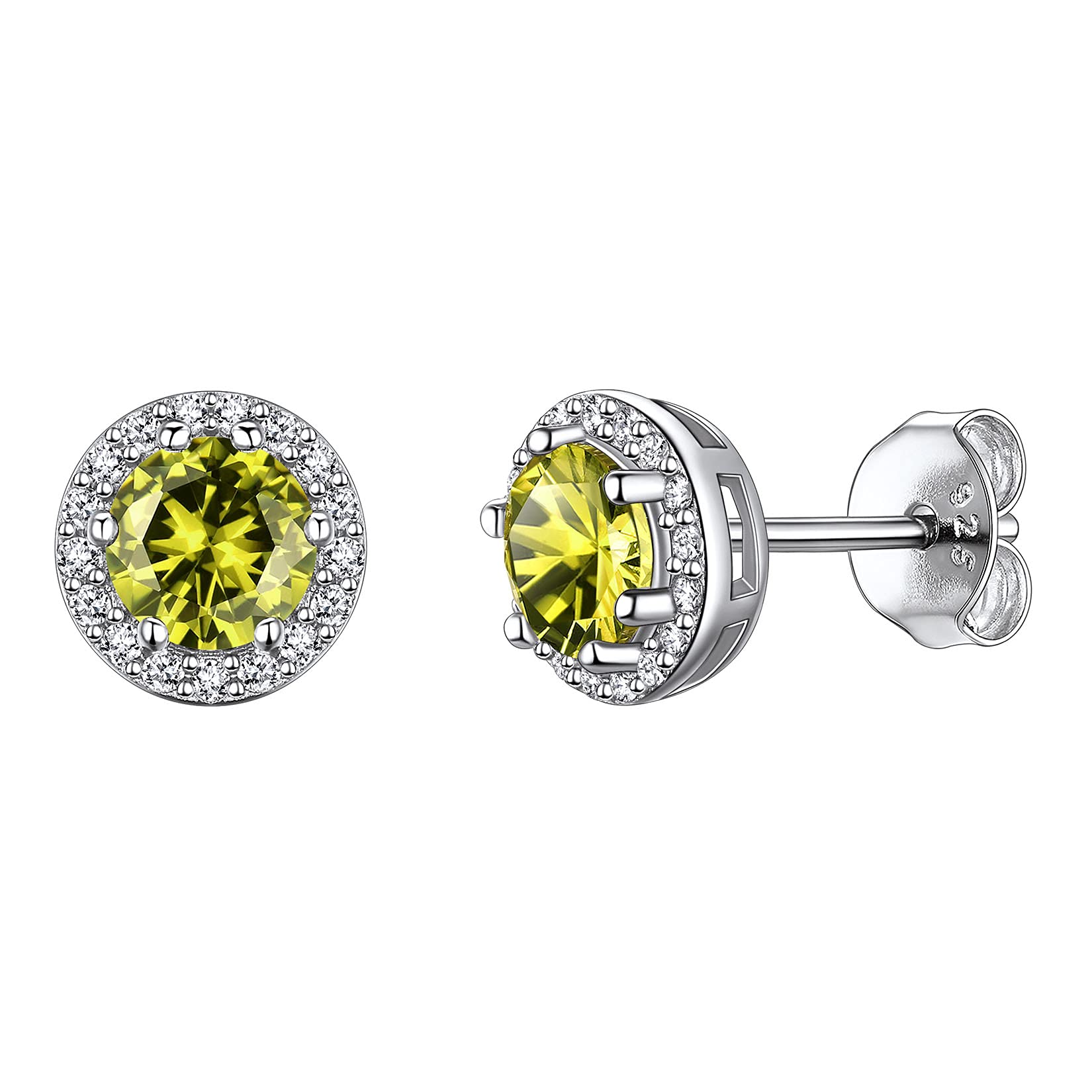 925 Sterling Silver Round Brilliant Cut Cubic Zirconia CZ Stud Earrings Dainty Small Comfortable Simulated Peridot August Birthstone Hypoallergenic Earrings for Women Girls Teens