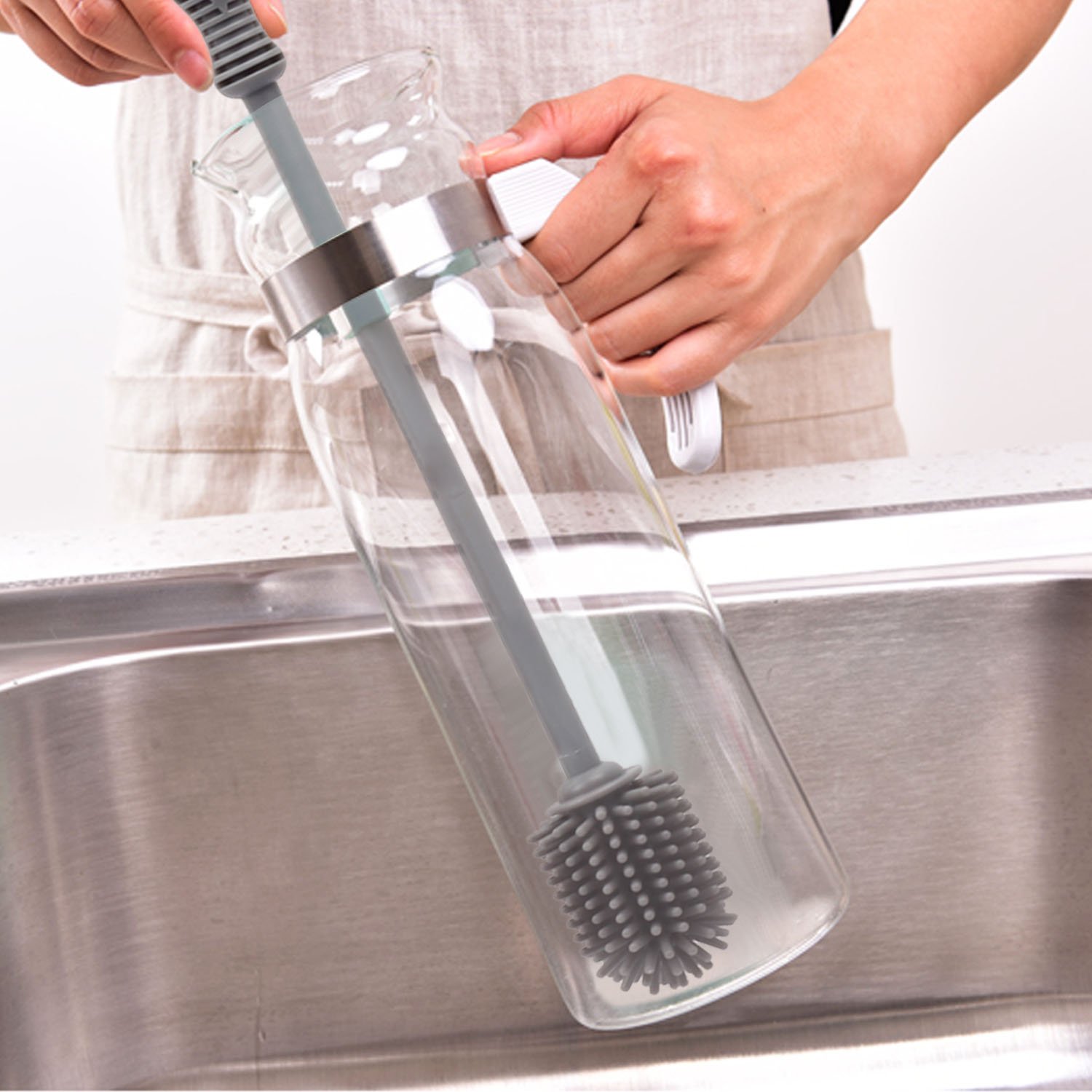 ERIKORD 12" Grey Silicone Bottle Brush Cleaner, BPA Free, Long Handle Baby Bottle Brush Ideal for Glass & Plastic Water Bottles Cleaning Brush, Easy to Clean