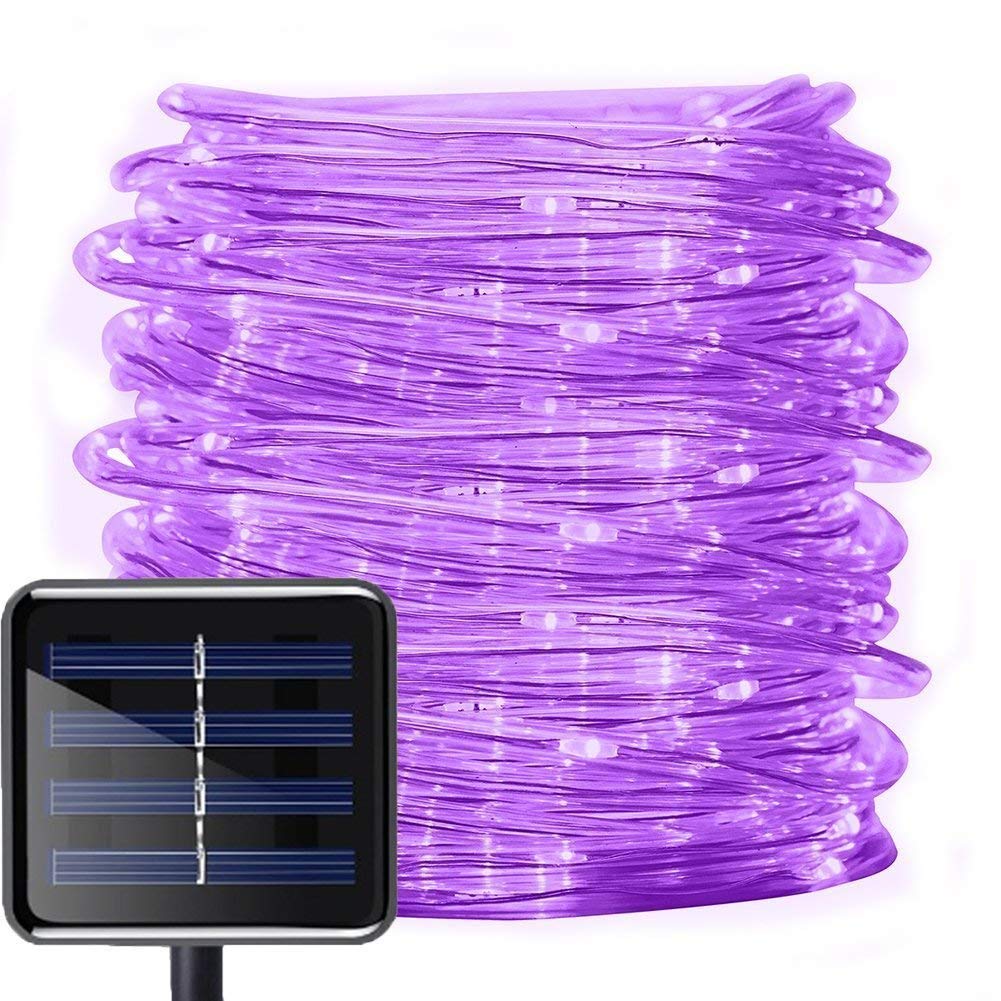 DINOWIN Solar Rope Lights, 100 LEDs 39ft/12M Waterproof Copper Wire Lights Tube, Outdoor String Lights for Garden Yard Path Fence Tree Wedding Party Decorative (Purple)