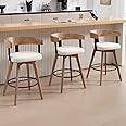 DUOMAY Swivel Bar Stools Set of 3, 26" Counter Height Bar Stool with Footrest Modern Wood Barstools with Linen Upholstered Seat Counter Stools for Kitchen Island Home Bar, White