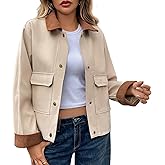 Oymyakon Women Cropped Jacket Contrast Collar Utility Coat Button Down Barn Jacket Fall Casual Cargo Jackets Outwear