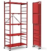 Himix Storage Shelves with 20 Hooks, 5-Tier Foldable Shelves for Storage, Folding Utility Shelf Unit Pantry Shelf with Wheels, Metal Shelving Unit Rack for Garage Christmas Room, Red - No Assembly