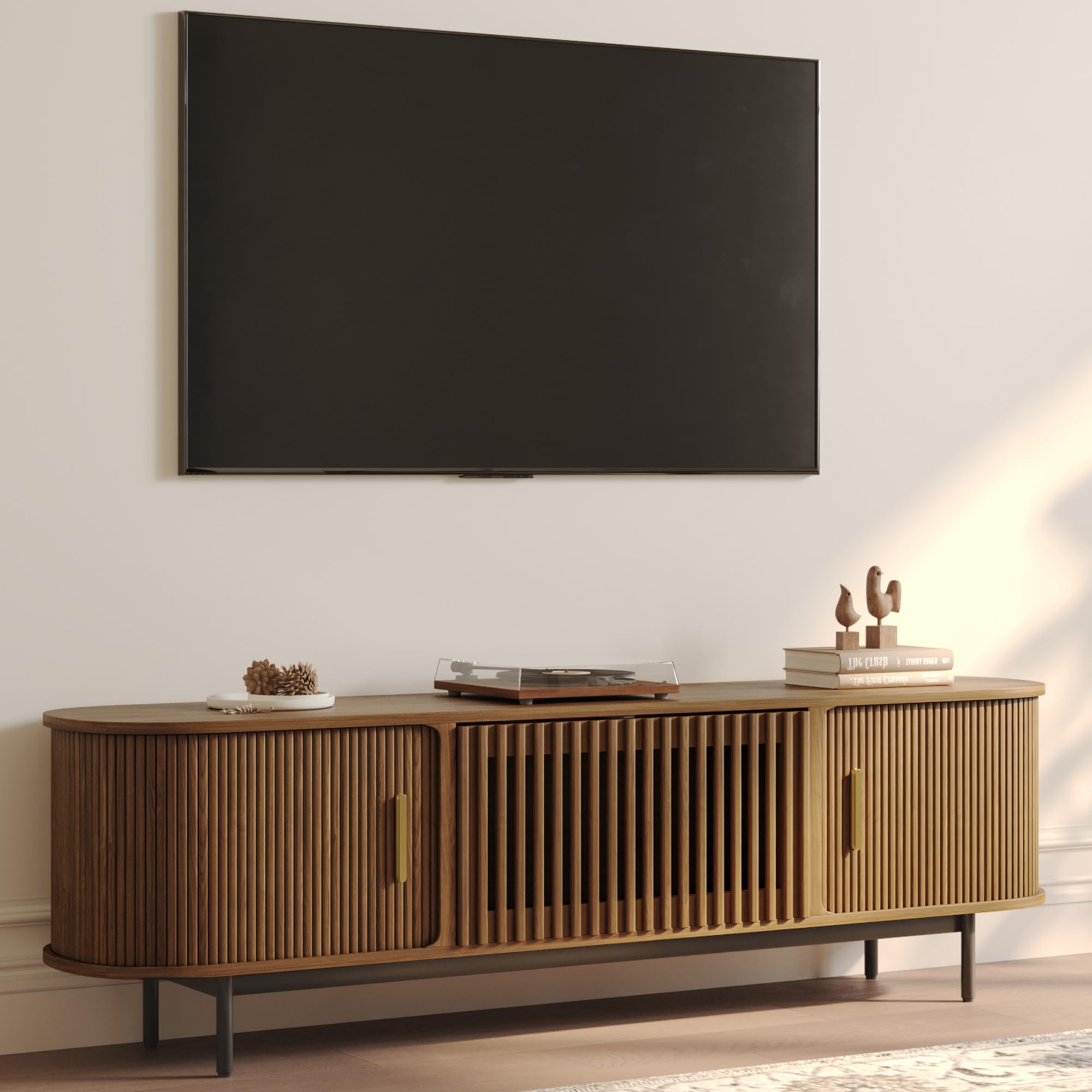 Photo 1 of ** BRAND NEW ITEM ** POVISON Mid Century Modern TV Stand for 65 inch TV, Sliding Door Entertainment Center with Storage, Wood TV Console, Media Console for Living Room Bedroom, Fully-Assembled (Walnut, 70.87")