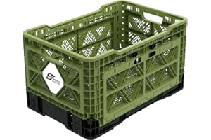 GYEONGNAM TRADING INC. Bigant Heavy Duty Collapsible & Stackable Plastic Milk Crate-Medium Size, Olive, Stackable Open Front Organizer, Set of 1, Snap Lock Foldable Industrial Garage Storage Bin Container Utility Basket