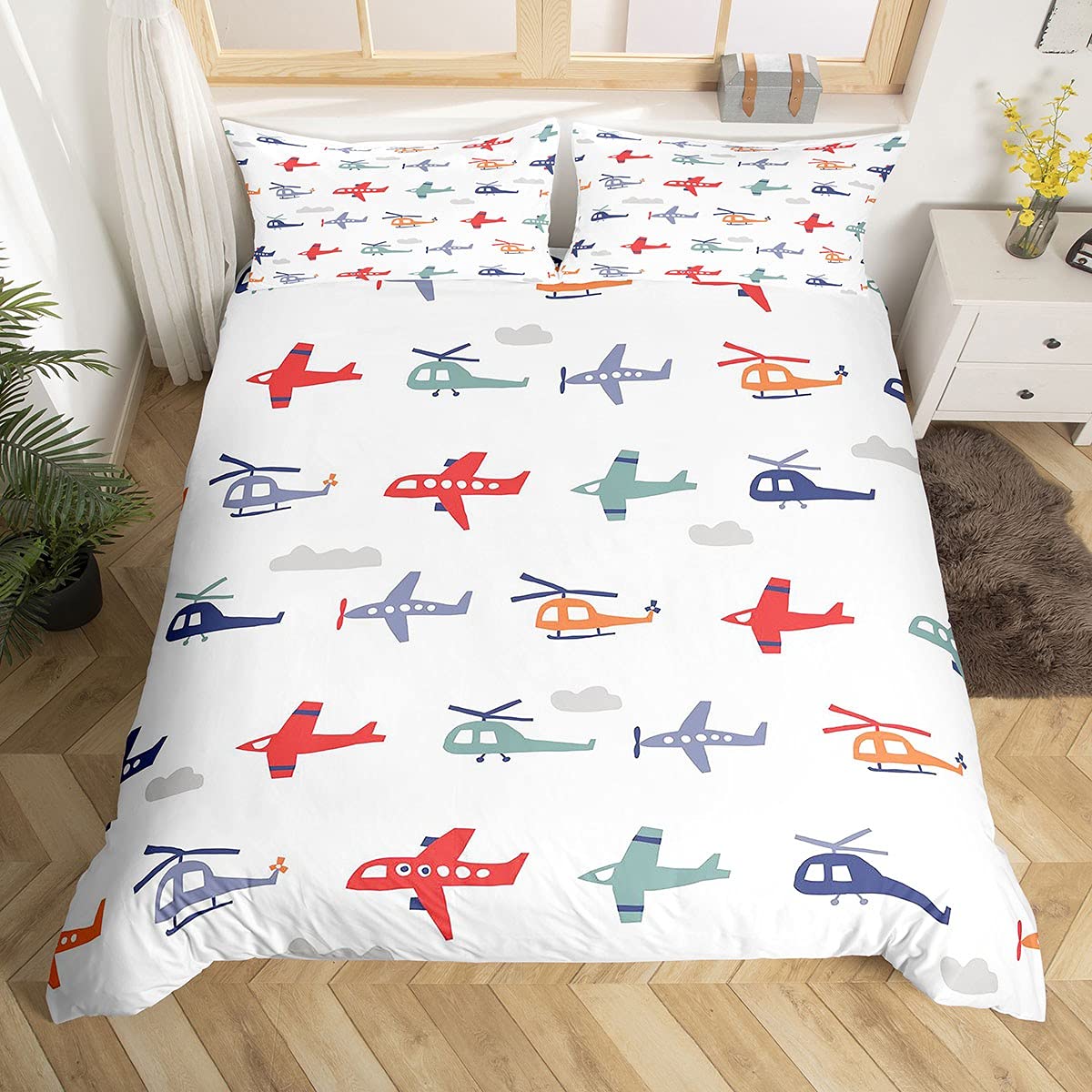 Kids Cartoon Aircraft Bedding Set 3D Airplane Cute Toy Duvet Cover for Boys Girls Aircraft Flying Comforter Cover Plane Airliner Kawai Bedspread Cover 2Pcs Single