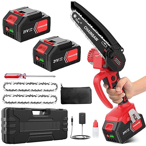 Mini Chainsaw 6 Inch, Bamse Cordless Electric Chainsaw with 2 Batteries 4000mAh and 2 Super Chains, Ideal for Tree Branches and Garden Cutting, Gift for Men Dad Husband