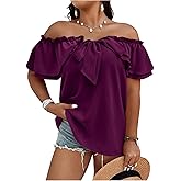 MakeMeChic Women's Plus Size Off Shoulder Top Tie Front Layered Ruffle Short Sleeve Blouse Top