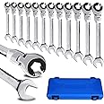 LOSCHEN Metric Open Flex-Head Ratcheting Wrench Combination 12 Pcs/set 8-19mm, Metric Spanner with 72 Teeth, Chrome Vanadium Steel Tubing Ratchet （US and European Patents）