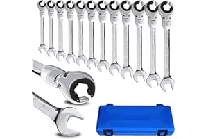LOSCHEN Metric Open Flex-Head Ratcheting Wrench Combination 12 Pcs/set 8-19mm, Metric Spanner with 72 Teeth, Chrome Vanadium Steel Tubing Ratchet （US and European Patents）