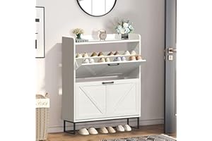 BTDWI Hidden Shoe Storage Cabinets with 2 Flip Drawers and Metal Legs, Freestanding Narrow Shoe Organizer Rack for Entryway, White