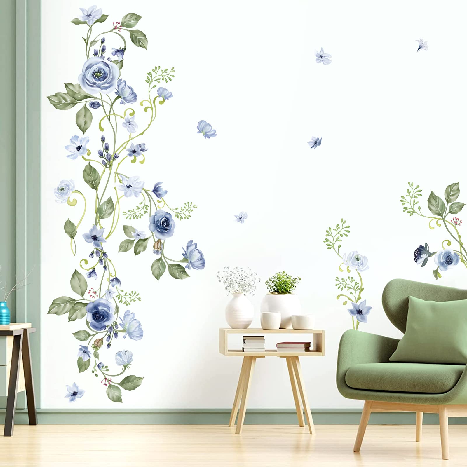 decalmile Hanging Blue Rose Flower Wall Stickers Watercolor Floral Vine Wall Decals Bedroom Living Room Sofa TV Background Home Decor
