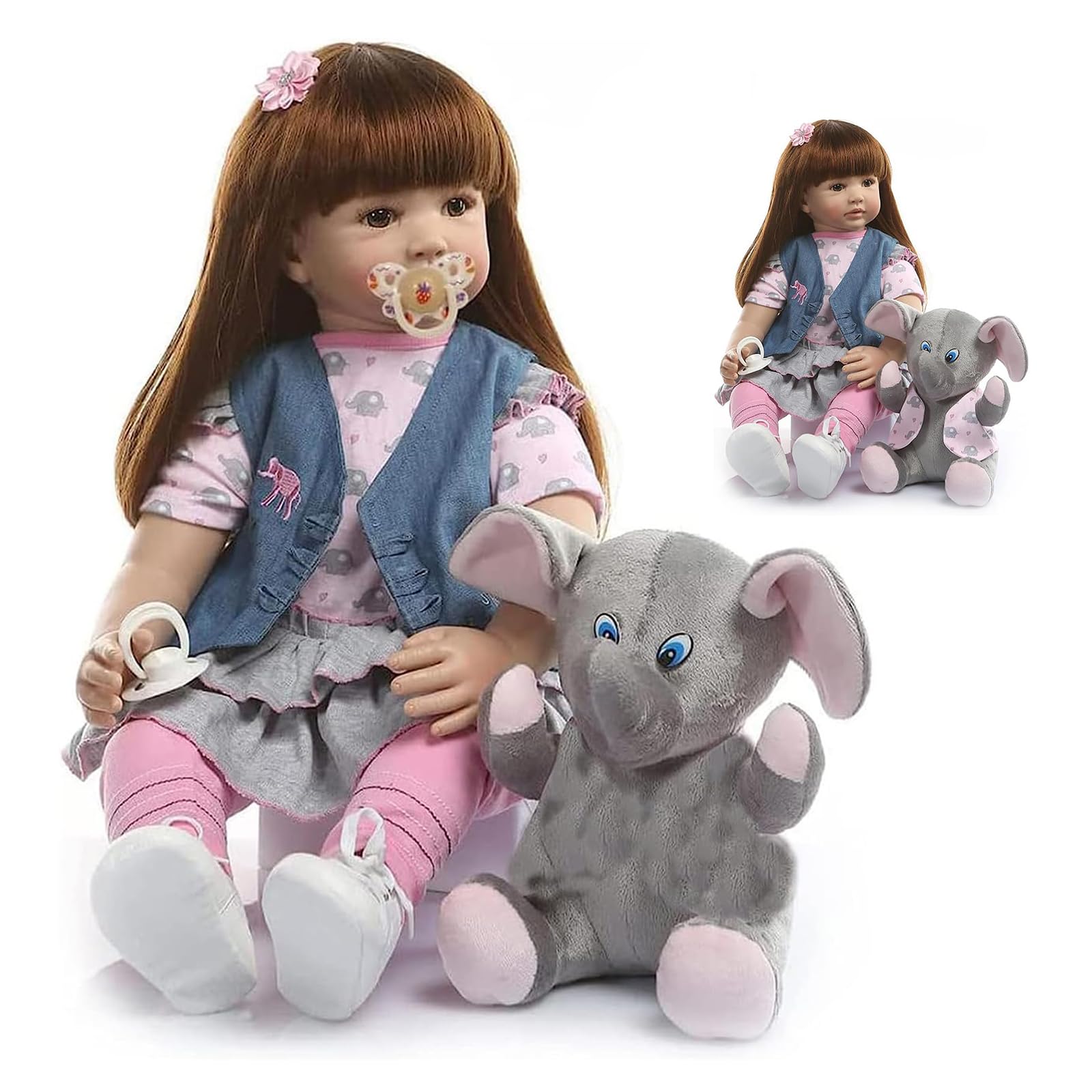 RUNGQIANY Realistic Baby Doll with Plush Elephant Toy, 50 cm
