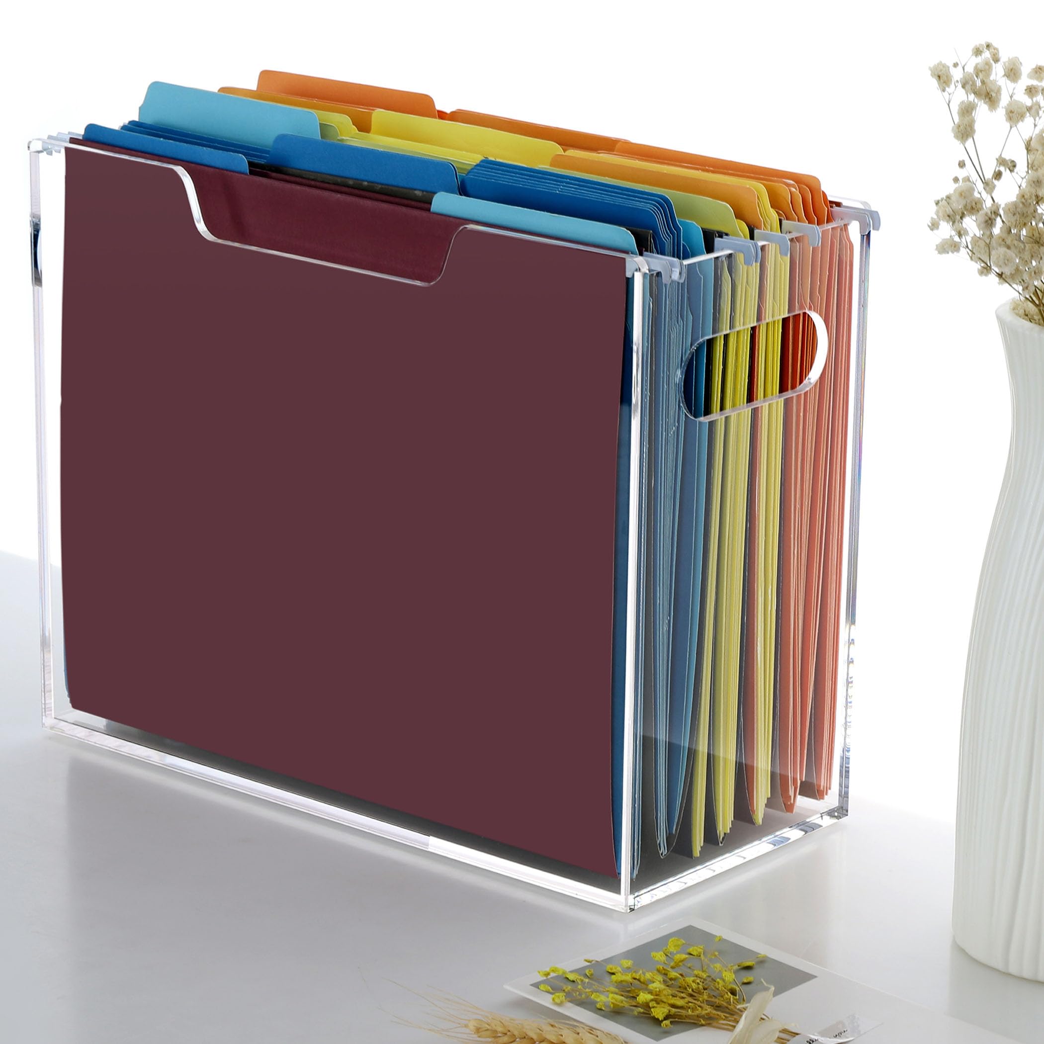 Photo 1 of Tfirhuoe Hanging File Organizer, Acrylic File Folder Organizer for Letter Size, Clear Portable File Holder with Handles, Filing Storage Box for Desk Office Home Work -1 Pack