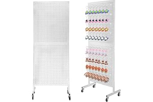 DOLEMODUO 2'x 5.6' Pegboard Display Stand with Wheels - White Standing Metal Pegboard Organizer, Portable Rolling pegboard Rack for Vendors, Garage, Craft Shows, Retail, Workshop & Tools, Industrial