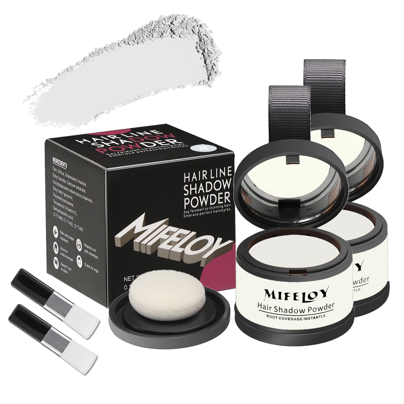 MIFELOY 2 Set Root Cover Up Powder, White, Touch Up Hair Color for Grey, Instantly Coverage Dye for Thinning Grays Hairline, Roots Concealer for Beard Line Eyebrow, Shadow Conceals Hair Loss