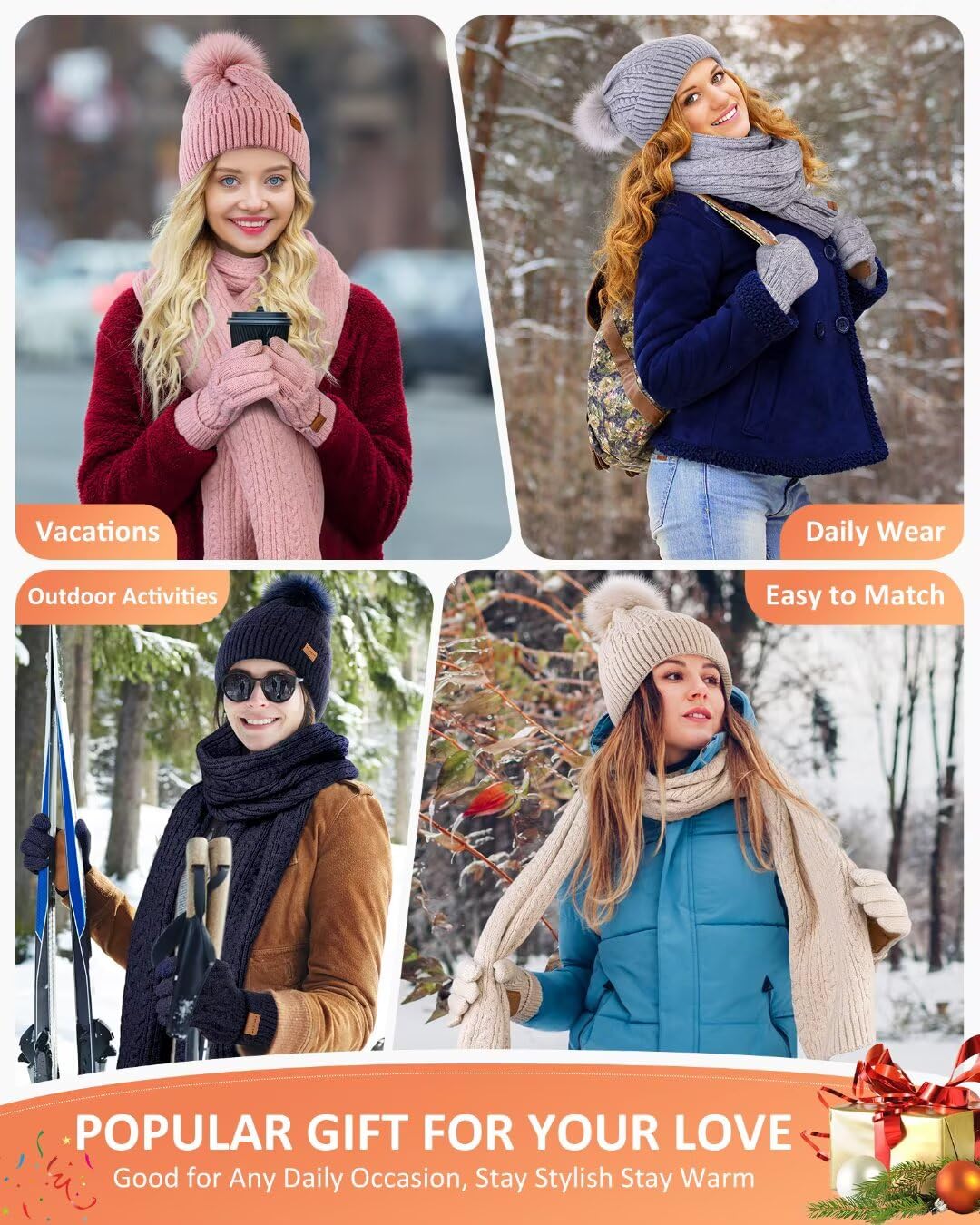 FISFET Winter Beanie Hat Scarf Gloves Set for Women, Pom Pom Beanie Fleece Lined Knit Neck Warmer Touchscreen Gloves 3 in 1 Gift Set