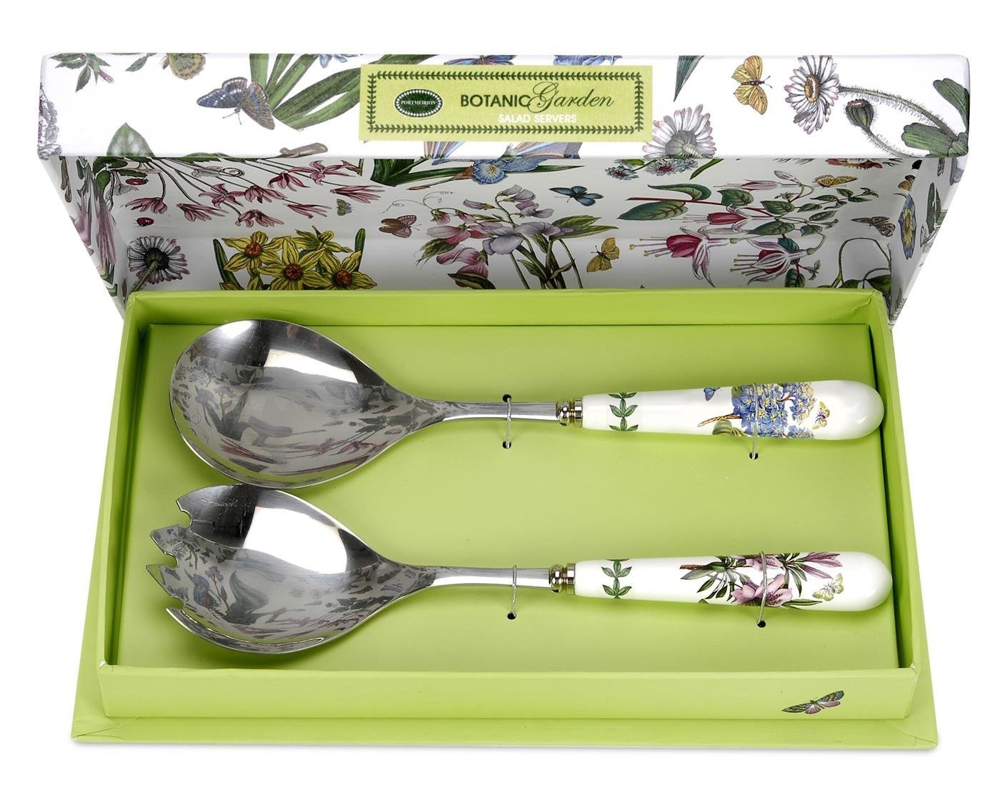 Portmeirion x Botanic Garden Set of 2 Salad Servers - Stainless Steel Serving Utensils with Multi-Colour Porcelain Handles, Durable and Stylish for Tossing and Serving Salads