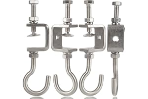 Foxwake 1 3/16 In Stainless Steel Small C Clamps +Heavy Duty Metal Threaded Hanging Screw Hook/Open Cup Bolt Hook, With Stable Wide Jaw Opening&Protective Pad/I-Beam Design (4PCS)