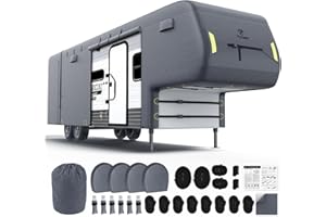 Fonzier 5th Wheel RV Cover 40-43ft, 7 Layer Top Heavy Duty 5th Wheel Cover, Extra-Thick Waterproof Windproof Anti-UV Rip-Stop Camper Cover with 2Pcs Extra Straps, 6 Gutter Covers & 4 Tire Covers
