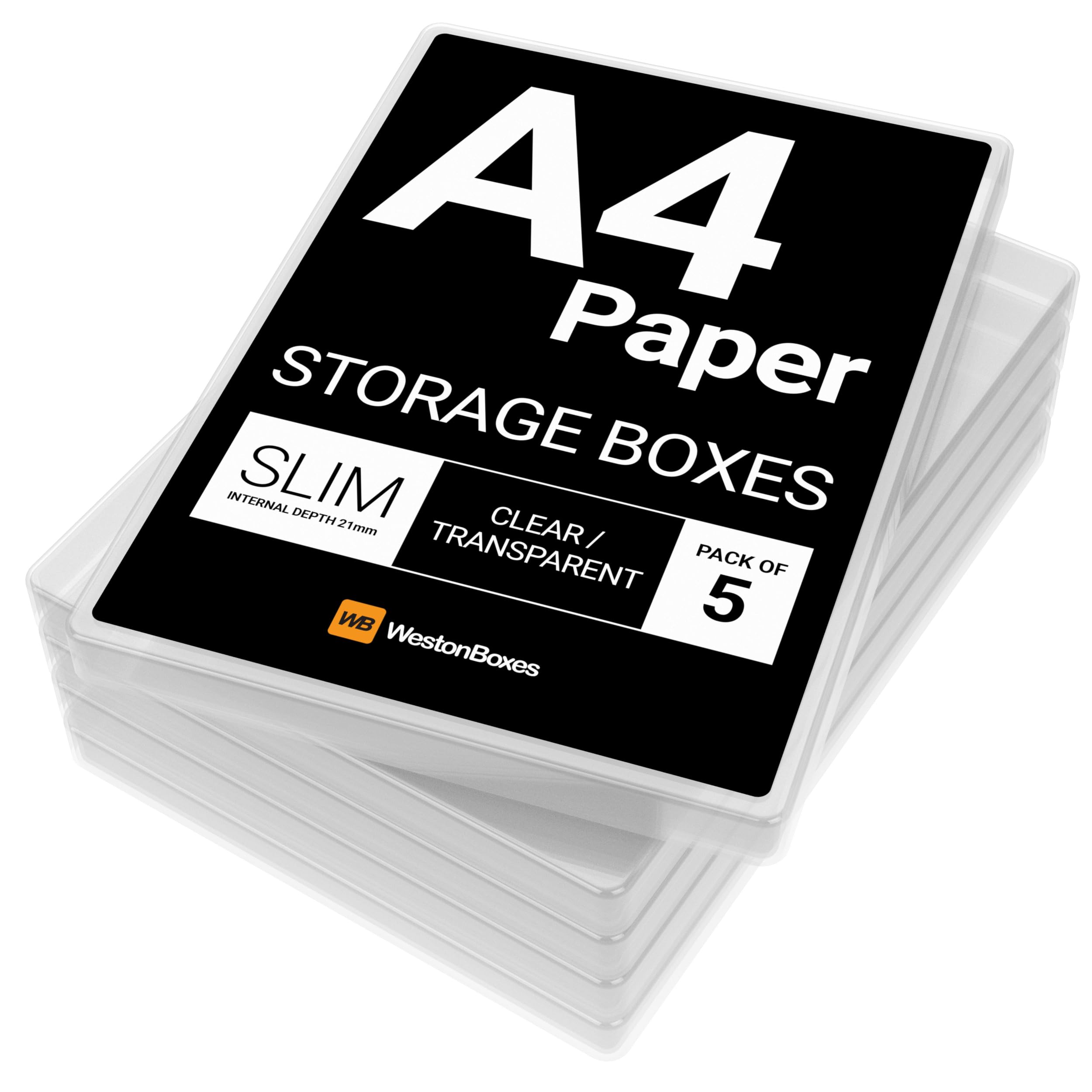 WestonBoxes A4 Slim Plastic Presentation or Storage Boxes for A4 Paper (Clear/Transparent, Pack of 5)