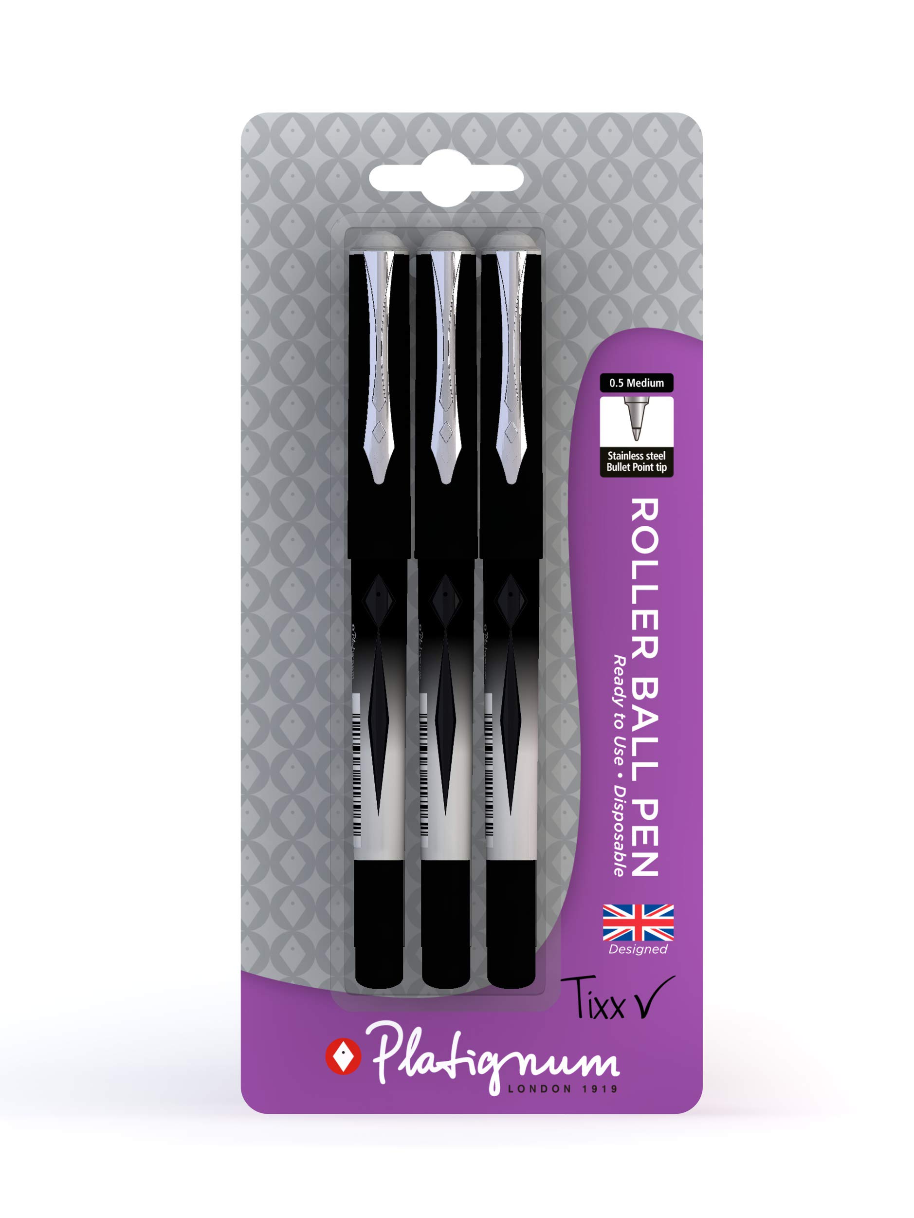 Platignum Tixx Black Gel Ink Roller Ball Pen [Pack of 3] 1500 m Writing Length [Ref: 50504] — image 1