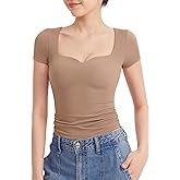 PUMIEY Summer Tops for Women Trendy Short Sleeve Sweetheart Neck Sexy Shirts Going Out Top for Teen Girls Basic Tees,Taffy Large