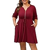Manllenshie Womens Plus Size Dress Casual Roll up 3/4 Sleeves Zipper V Neck Tie Waist Flowy Loose Dresses with 2 Pockets
