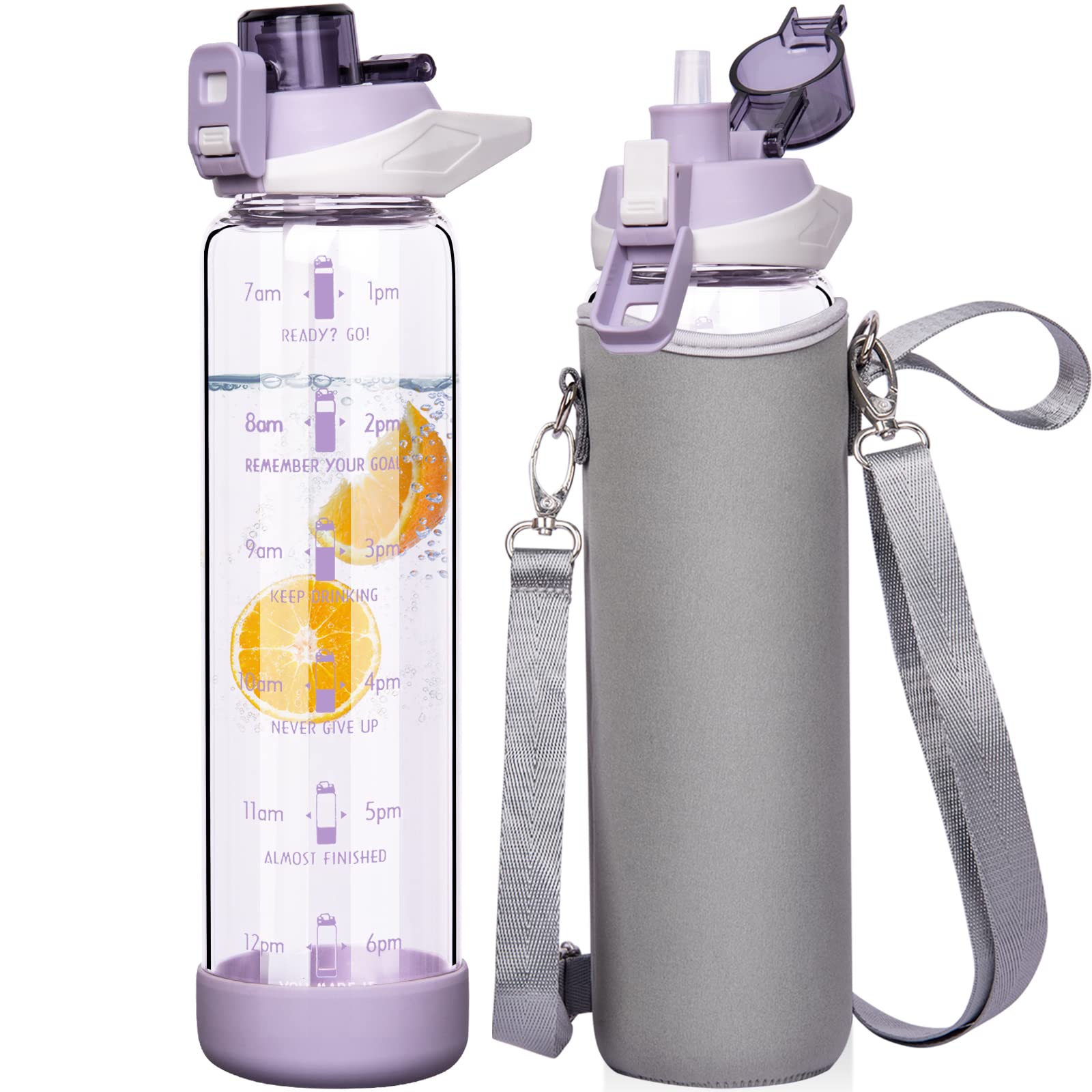 Seekua 1l Large Glass Water Bottle with Straw & Time Markings 1 litre Big Motivational Glass Drinking Bottle BPA free Leakproof