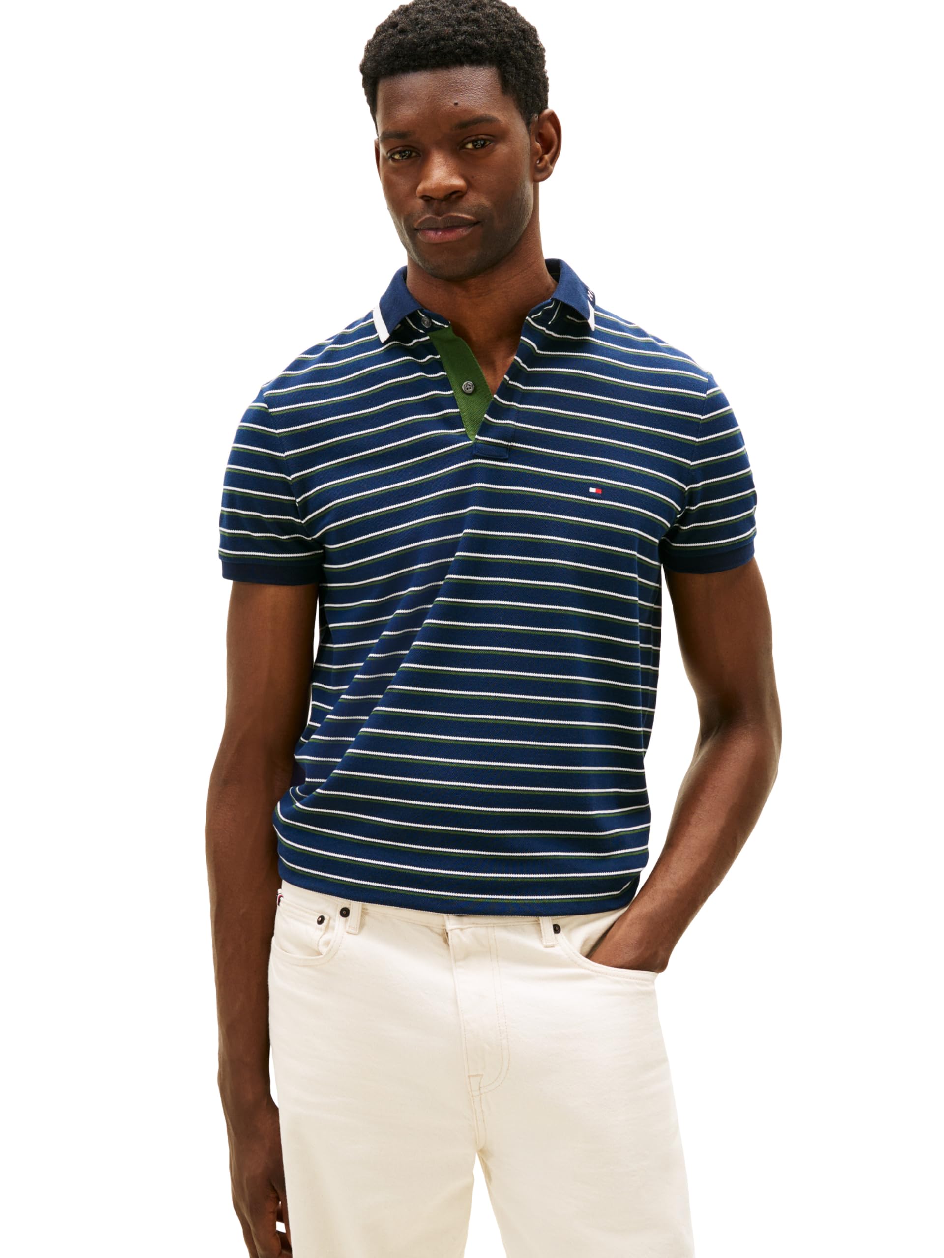 Tommy Hilfiger Men’s Pique Graphic Regular Short Sleeve Polo, Dark Night Navy/Artic Spruce Small