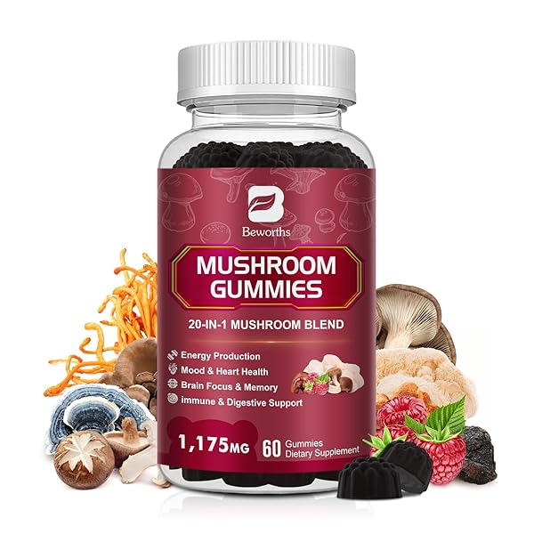 SUPER MUSHROOM COMPLEX GUMMIES, 20-IN-1 LION’S MANE SUPPLEMENT GUMMIES – MUSHROOM SUPPLEMENT WITH CORDYCEPS, REISHI ETC, SUPPORT FOR BRAIN HEALTH, FOCUS & CLARITY, NON-GMO,RASPBERRY FLAVOR,60 GUMMIES