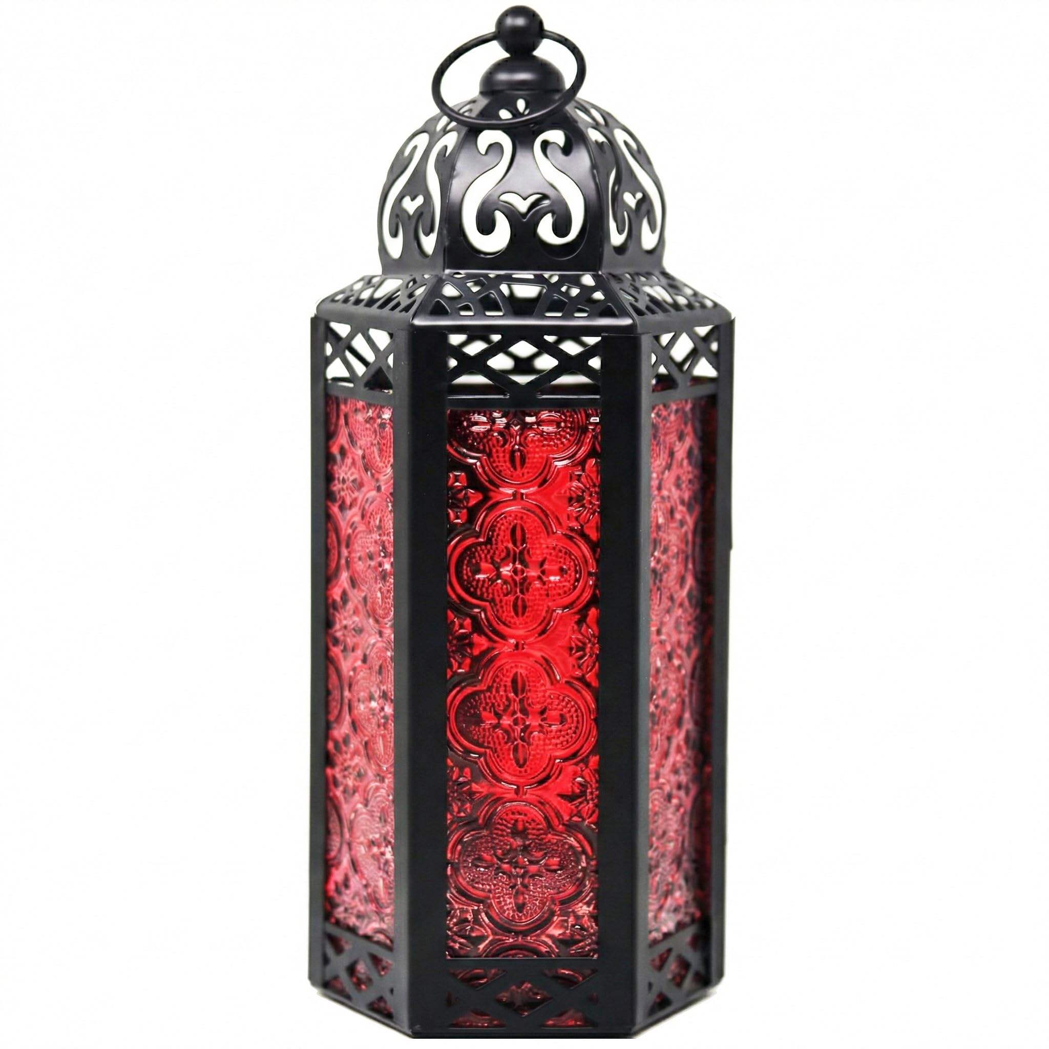VELA LANTERNS Moroccan Candle Lantern Decorative Candle Holder Lamp for Indoor Outdoor, Ramadan, Home Decor, Patio, Weddings, Black Metal, Red Glass, Medium Lantern