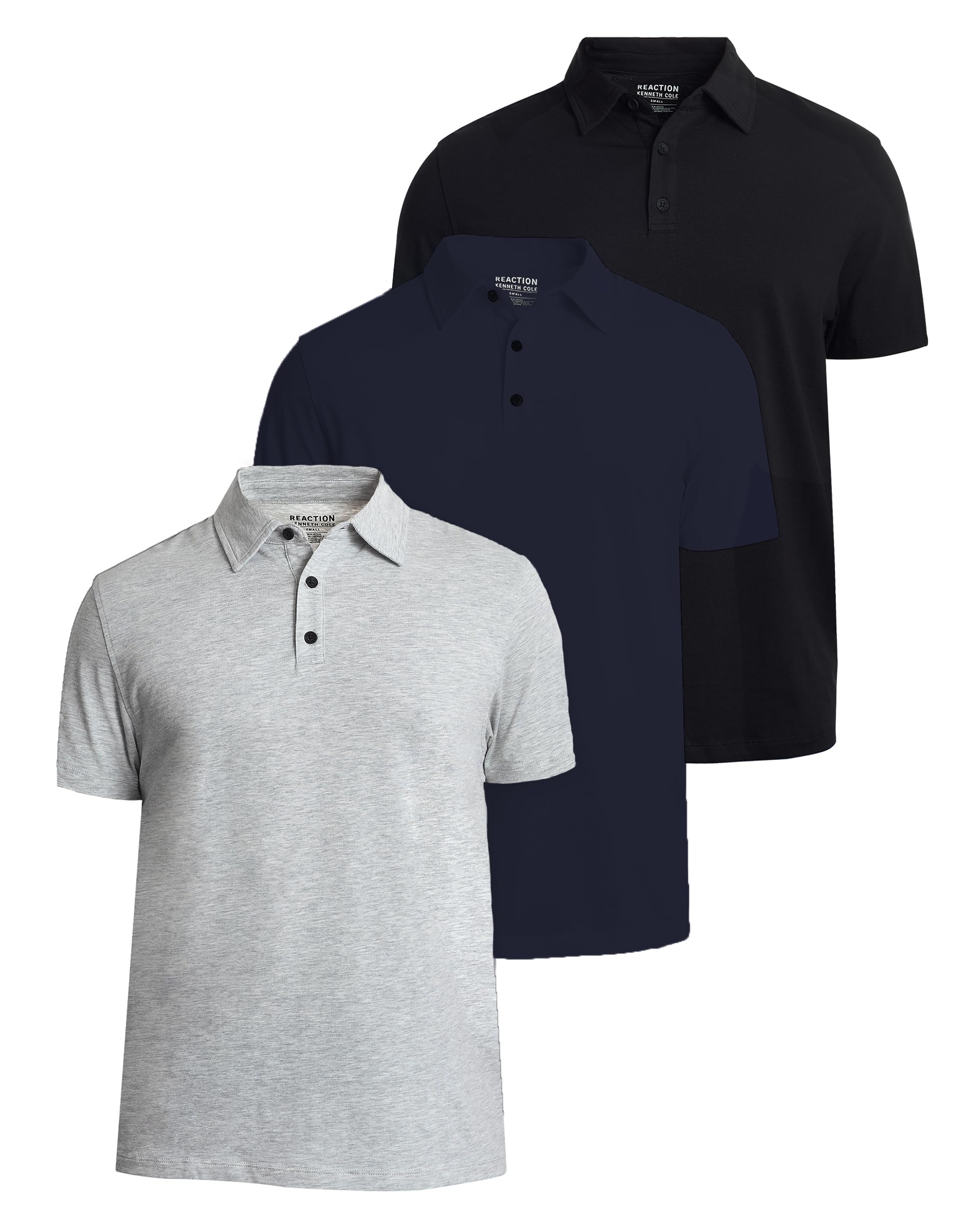 Kenneth Cole REACTION Polo Shirts for Men 3 Pack, UPF 50+ Men's Polo Shirts Short Sleeve (Black/HTGRY/Navy, Large)