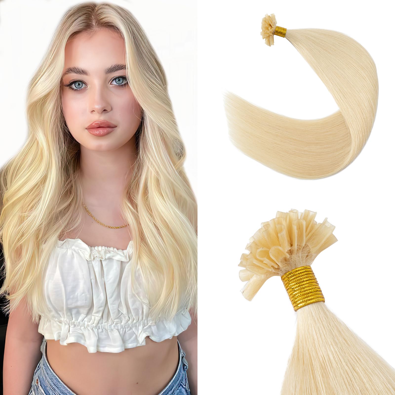 Silk-co U Tip Pre Bonded Hair Extensions Strands Keratin Nail Tip Straight Human Hair Extensions U tip Real Remy Hair 50 Strands Keratin Nail Til 14"-40g #613 Bleach Blonde