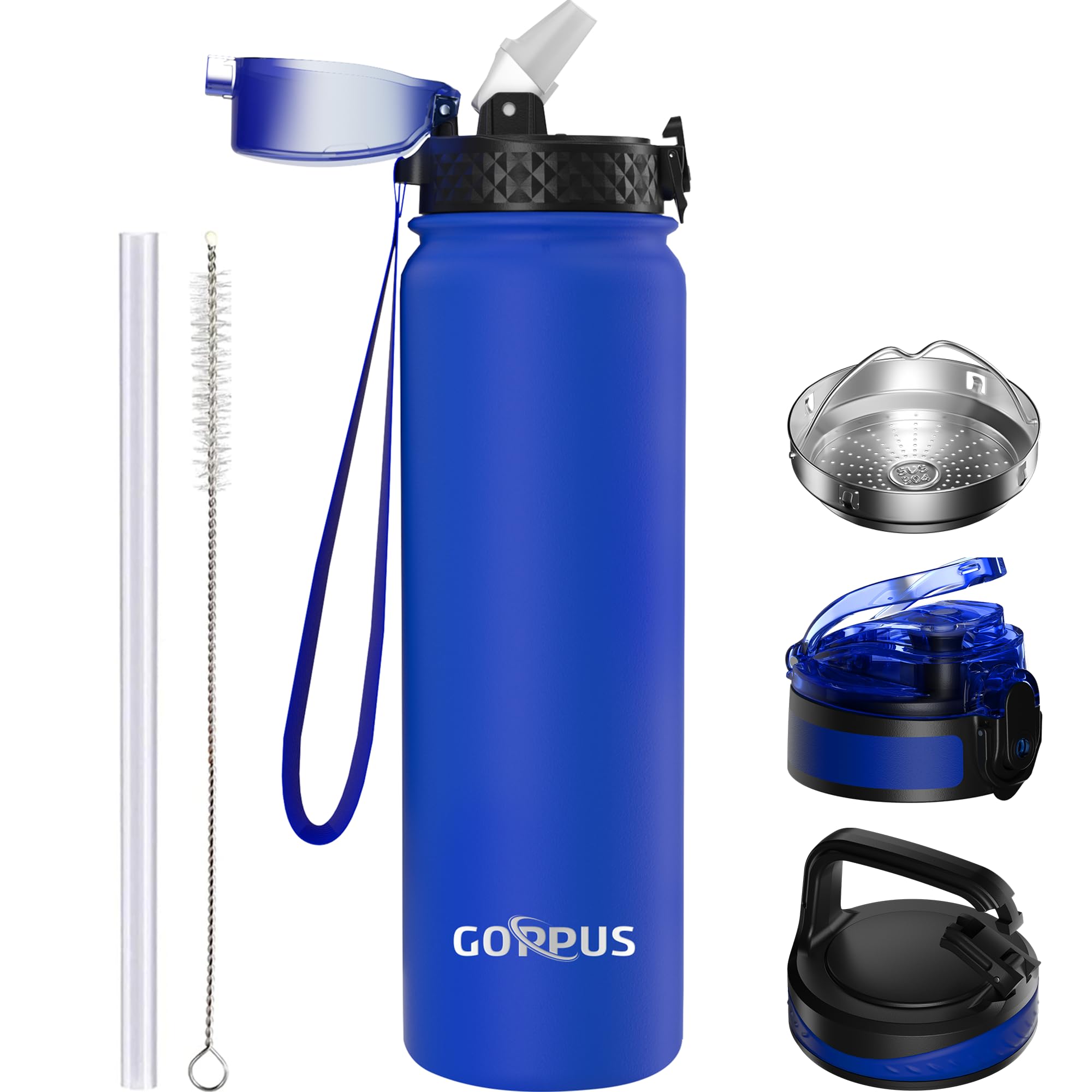 GOPPUS 1L/32oz Stainless Water Bottle with Straw Double Wall Insulated Bottles with Strap Reusable Vacuum Thermal Flask Leakproof Keep Cold Drinks Bottles with Flip Top Lid for Gym Men Women BPA Free