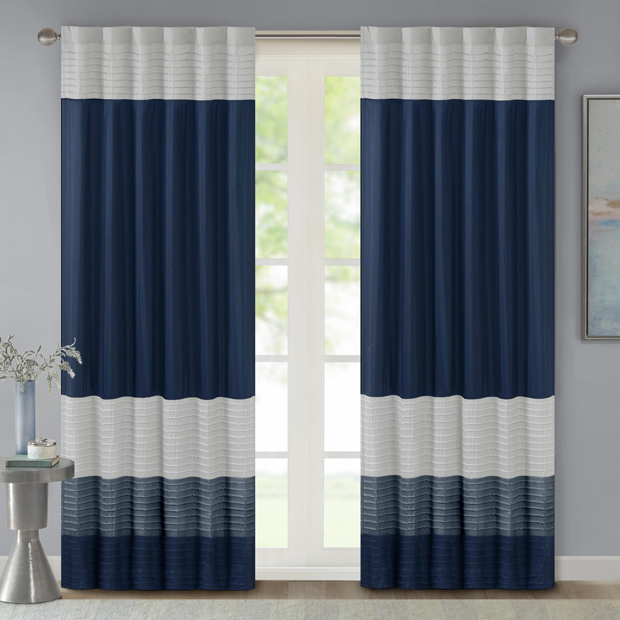 Madison Park Window Curtain Single Panel Faux Silk, Elegant Pleats, Rod Pocket Curtains for Living Room Privacy, Room Darkening Window Curtain for Bedroom and Dorm, Amherst, 84" L x 50" W, Navy — image 1