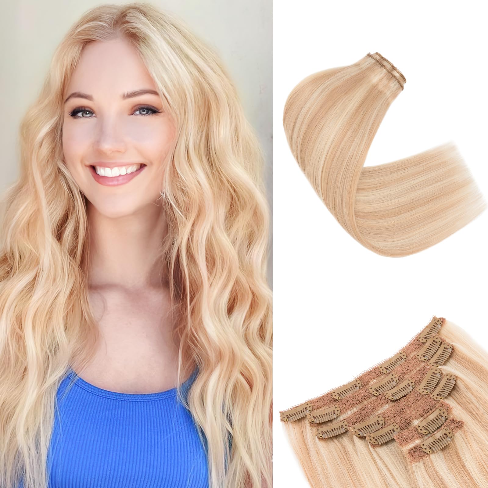 SEGOHAIR Clip in Hair Extensions Human Hair, 18 inch 120g 7Pcs Dark Blonde with Bleach Blonde,100% Real Human Hair Double Weft Straight Clip in Hair Extension Seamless for Effortless Volume — image 1