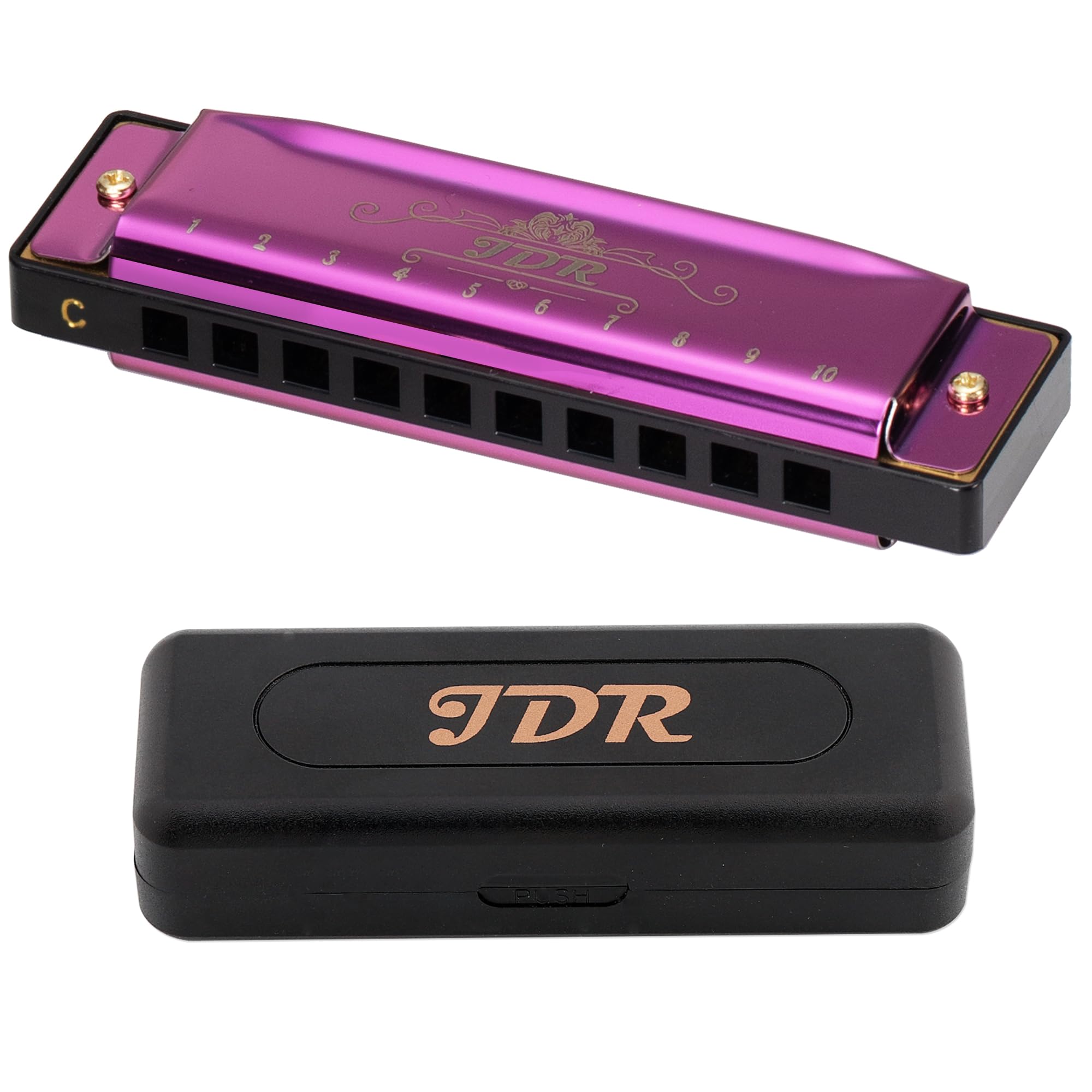 JDR Harmonica Blues C Key 10 Hole 20 Tone Mouth Organ with Case Diatonic Armonica for Kids, Professional Player Beginner Students Adults Friends Teacher Parents Stainless Steel Black (Purple)