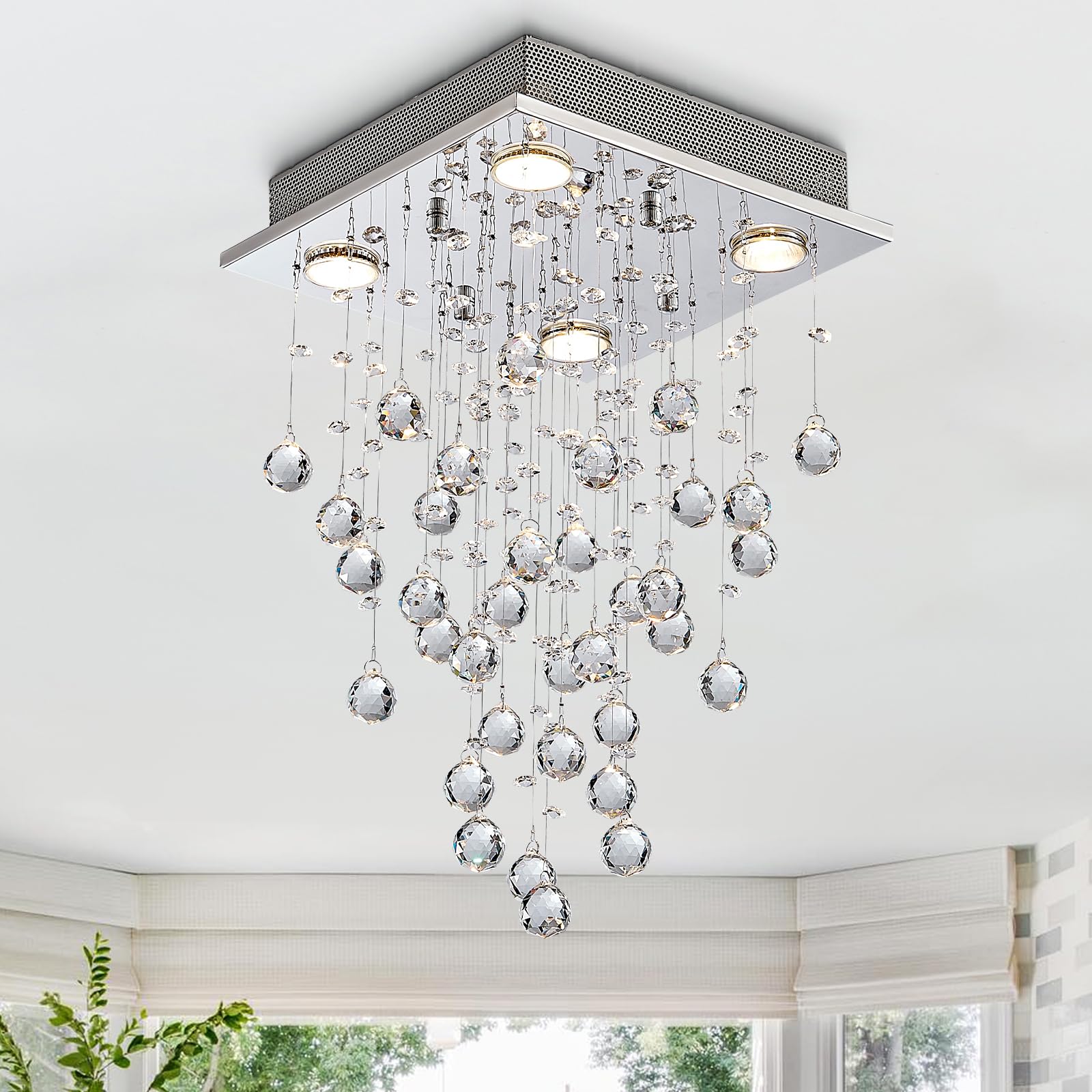 BESTIER Modern Crystal Raindrop Chandelier Lighting Flush Mount LED Ceiling Light Fixture Pendant Lamp for Dining Room Bathroom Bedroom Livingroom 4 GU10 LED Bulbs Required Width 35 cm Height 50 cm