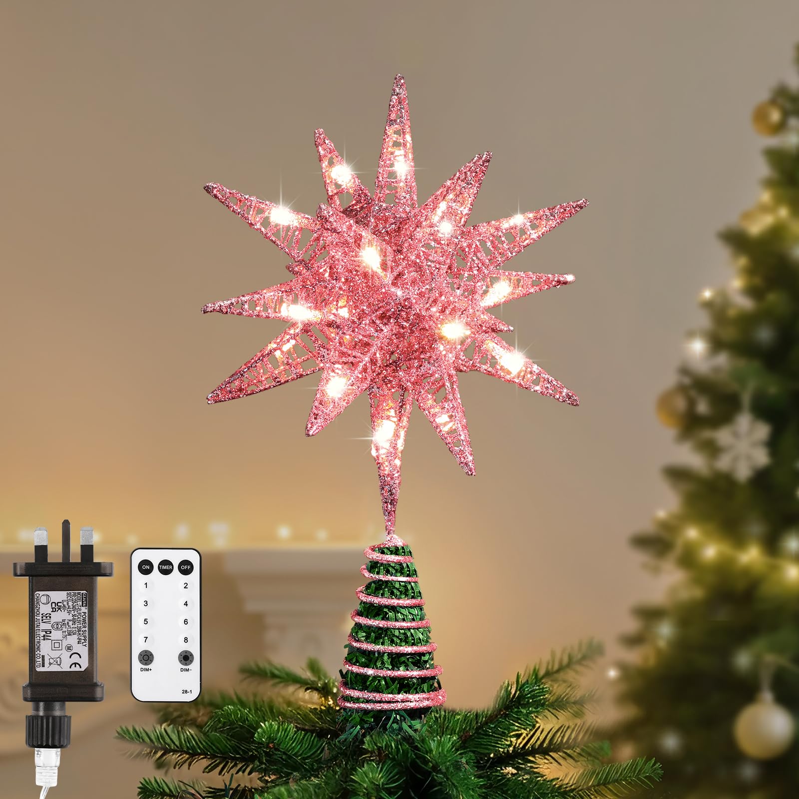 Lewondr Christmas Tree Topper, Plug in 3D Starburst Xmas Lighted Star Tree Topper, Remote Control & Timer Light Up Vintage Moravian Tree Topper for Christmas Decoraiton, Warm Light, Pink