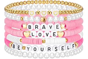 Landical 7 Pcs Friendship Bracelets Bulk Girl Trendy Heishi Clay Bead Bracelets Stack Stretch for Christmas Stocking Stuffers(Macaron Pink)