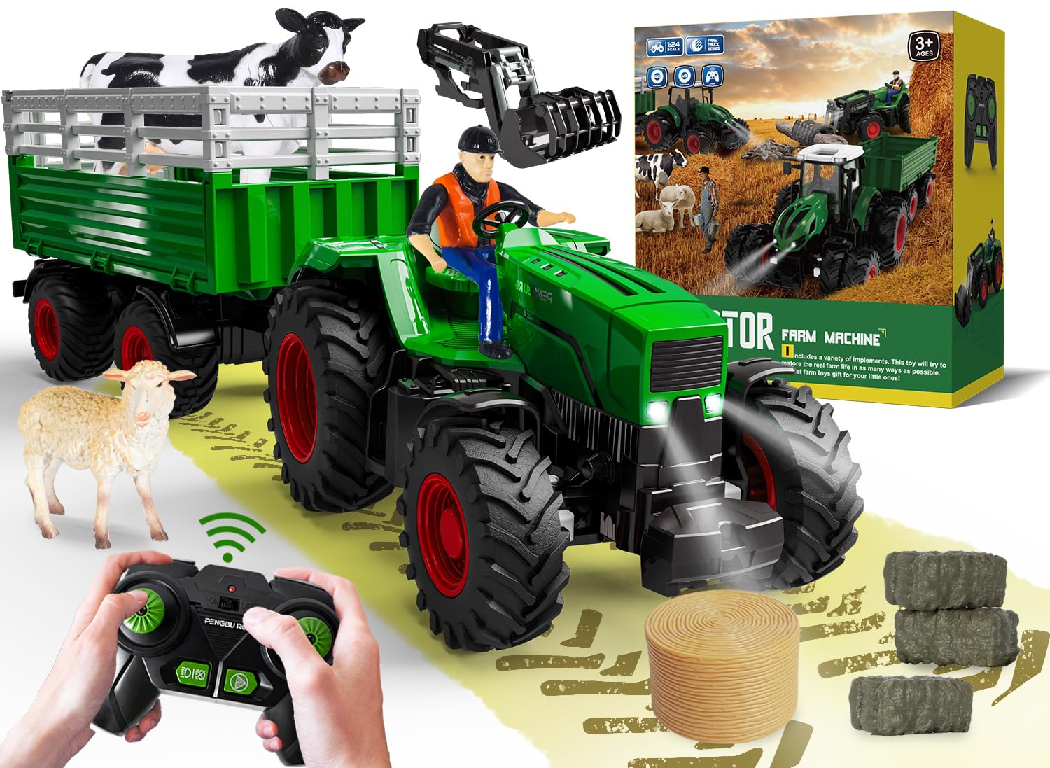 PENGBU RC Remote Controlled Tractor with Trailer, 2.4 GHz Tractor Remote Controlled Toy, Children's Tractor Tractor Remote Controlled with Front Loader, Trailer, Cow, Sheep and Hay Bale from 3 4 5 6 8