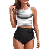 Women High Waisted Bikini Set Racerback Swimsuit Two Piece Bathing Suit | Racerback crop top, Side tie bow accent, Tummy control briefs, Padded brassiere