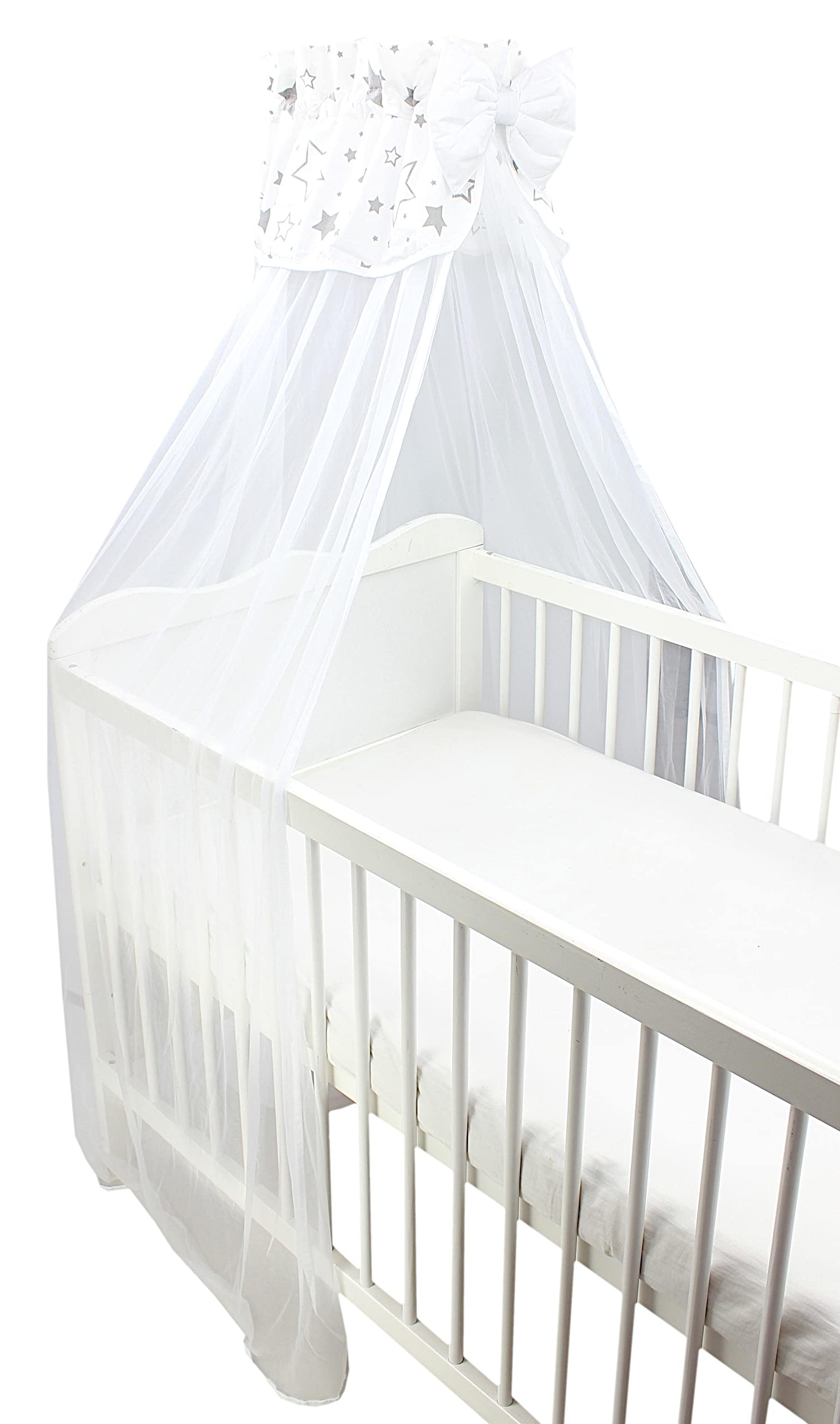 TupTam Baby Cot Canopy with Crown and Bow Chiffon, Stars Gray/White, ca. 170x240 cm